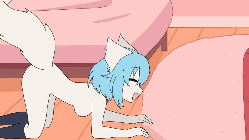 animal_ears animation_meme_community blue_hair breasts doggy_style edit leggings nude tagme virtual_youtuber white_fur wolfychu youtube youtuber