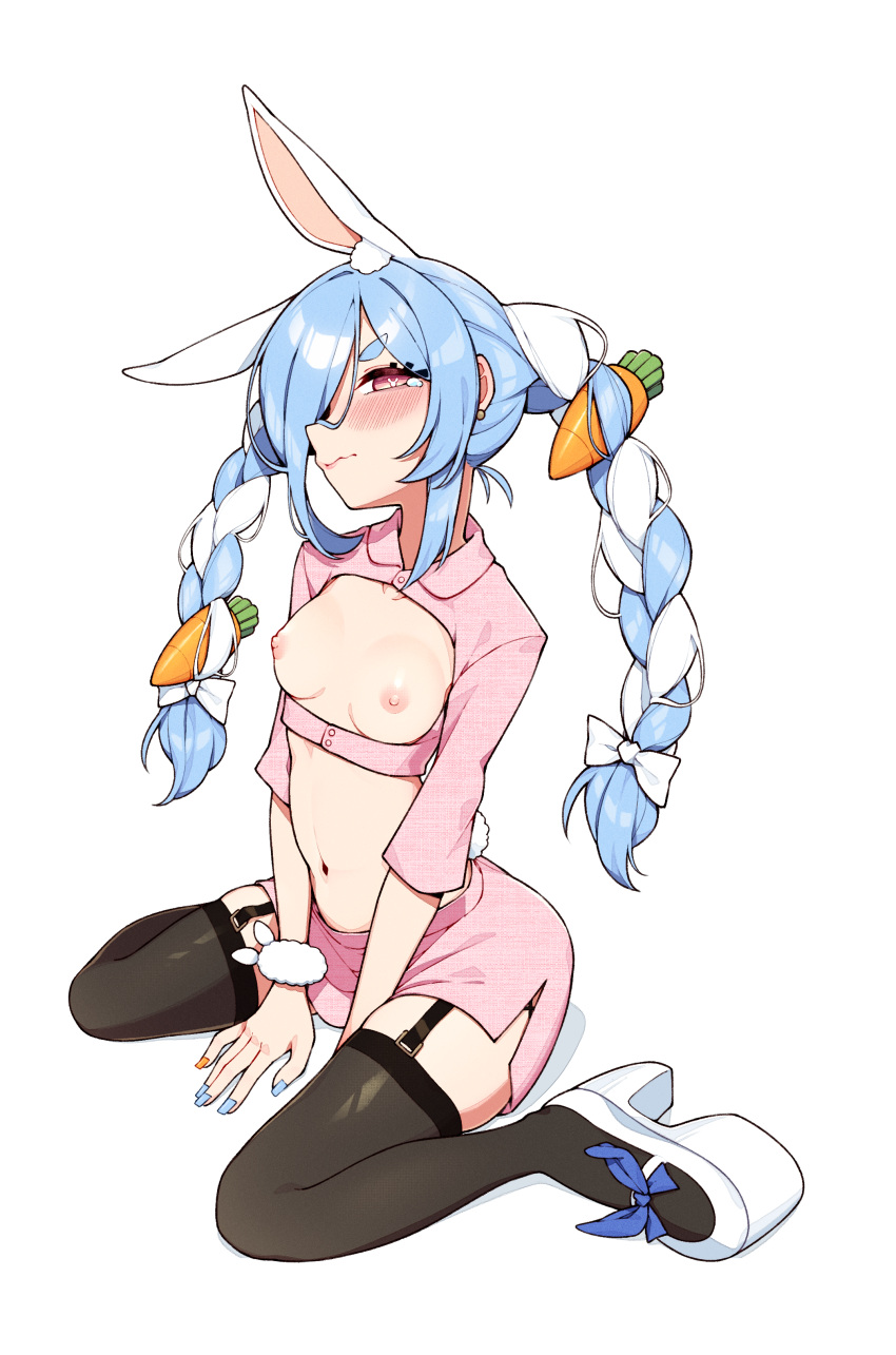 absurdres animal_ear_fluff animal_ears bangs between_legs black_legwear blue_hair blush braid breasts breasts_out bunny-shaped_pupils carrot carrot_hair_ornament closed_mouth collarbone embarrassed extra_ears eyebrows_visible_through_hair female food-themed_hair_ornament garter_straps hair_ornament hand_between_legs hands_on_ground high_heels highres hikimayu hololive hololive_fantasy hololive_japan kneeling knees long_hair meme_attire multicolored_hair multicolored_nails navel nearly_naked_sweater nipples no_bra orange_eyes pink_skirt platform_footwear platform_heels rabbit_ears rabbit_girl rabbit_tail sandals simple_background sitting skirt small_breasts solo sweater swept_bangs symbol-shaped_pupils tail thick_eyebrows thighhighs thighs twin_braids two-tone_hair underwear unexistarts usada_pekora virtual_youtuber wariza wavy_mouth white_background white_footwear white_hair