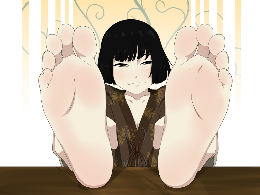 androgynous barefoot black_hair bob_cut feet feet_up femboy foot_fetish foot_focus fromsoftware japanese_clothes kuro_the_divine_heir looking_at_viewer male male_only meteorreb0rn sekiro:_shadows_die_twice smile smug soles solo