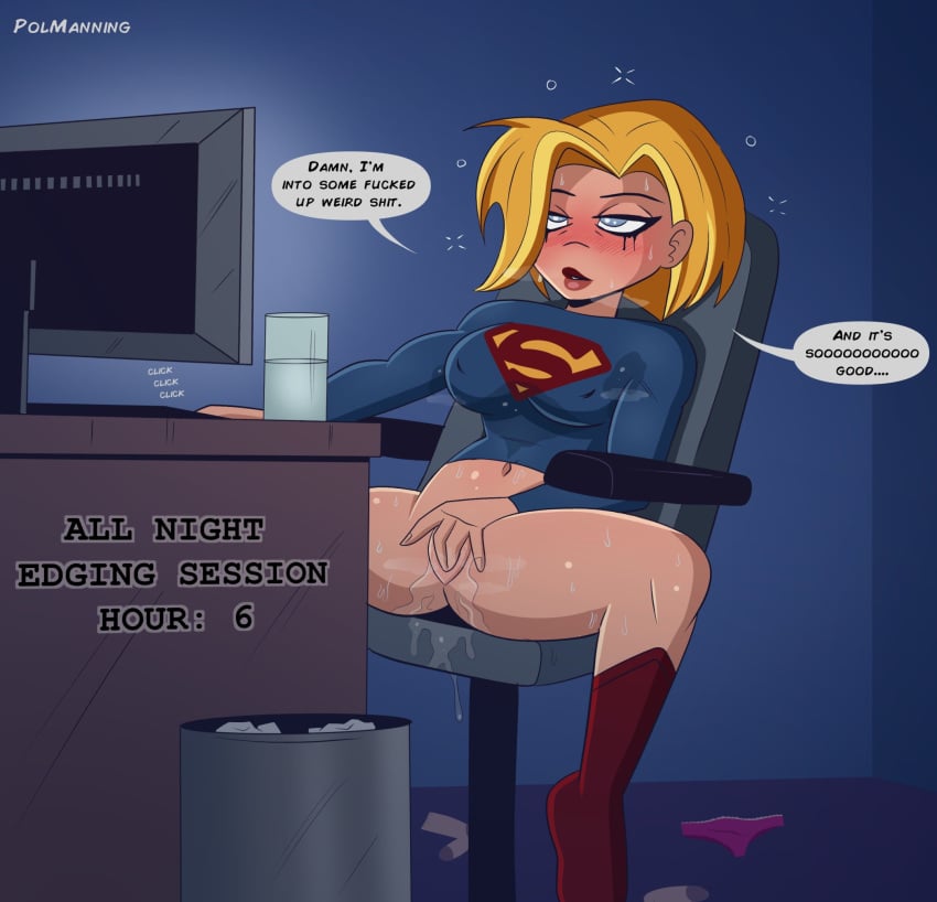 1girls blonde_hair blue_eyes blush bottomless bottomless_female cartoon_network dc dc_comics dc_super_hero_girls desk dialogue edging english_text erect_nipples female female_masturbation female_only fingering fingering_self goon goonette gooning half-closed_eyes indoors kara_danvers kara_zor-el kryptonian light-skinned_female lipstick masturbation navel office_chair panties_removed polmanning pussy pussy_juice running_mascara runny_makeup solo speech_bubble spread_legs supergirl superheroine sweat sweat_stain sweaty_armpits text warner_brothers watching_porn