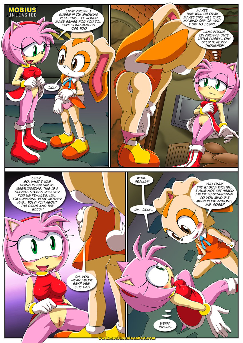 2girls age_difference amy_rose ass bbmbbf blush bottomless comic comic_page cream_the_rabbit female female_only innocent lifted_by_self lifting_dress mobius_unleashed multiple_girls no_panties palcomix panties_down presenting_pussy pussy sega sex_education sonic_(series) sonic_the_hedgehog_(series) the_mayhem_of_the_kinky_virus_2_(comic)