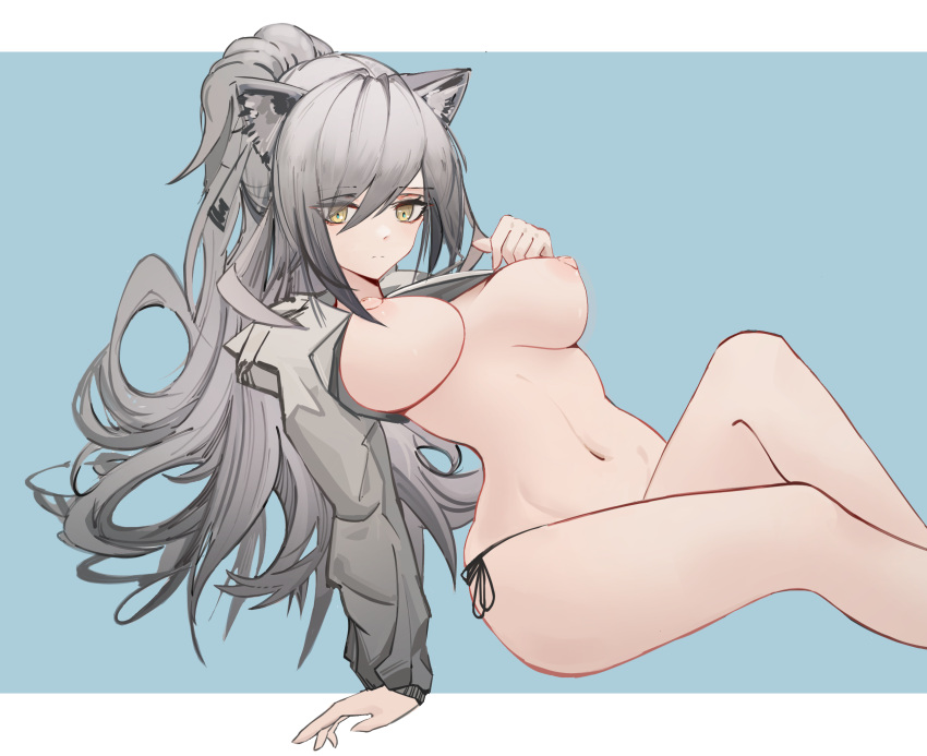 animal_ears arknights bangs bikini bikini_bottom_only black_bikini breasts breasts_out cat_ears chinese_commentary commentary_request crop_top eyebrows_visible_through_hair feet_out_of_frame female grey_hair hair_between_eyes highres large_breasts long_hair long_sleeves looking_at_viewer midriff navel nipples partial_commentary ponytail pouch schwarz_(arknights) shrug_(clothing) side-tie_bikini sitting solo stomach swimsuit thighs very_long_hair yellow_eyes yunlingluo