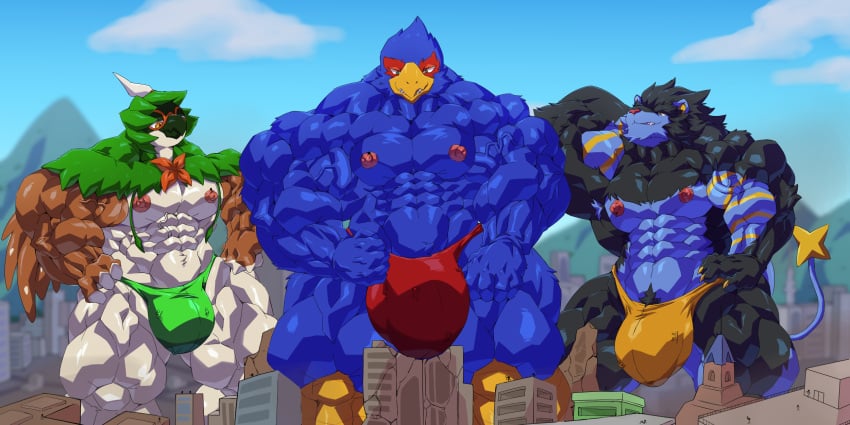 2:1 3boys anthro avian bird building bulge city clothing decidueye destruction falco_lombardi felid group hi_res lion looming luxray macro male male_only mammal metaball muscular muscular_male nintendo owl pantherine pokémon_(species) pokemon pokemon_(species) speedo star_fox swimwear video_games worship