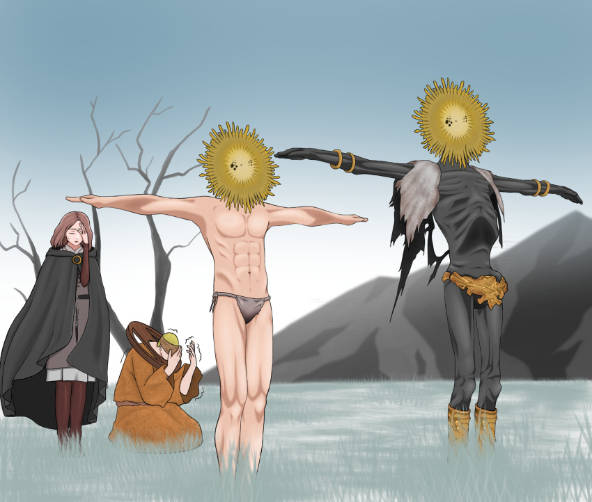 2022 2boys 2girls abs artemlorre asserting_dominance brother_corhyn bulge bulge_through_clothing chest elden_ring female fromsoftware funny goldmask human light-skinned_male male male_focus melina_(elden_ring) meme muscular_male outerwear t-pose tarnished topless