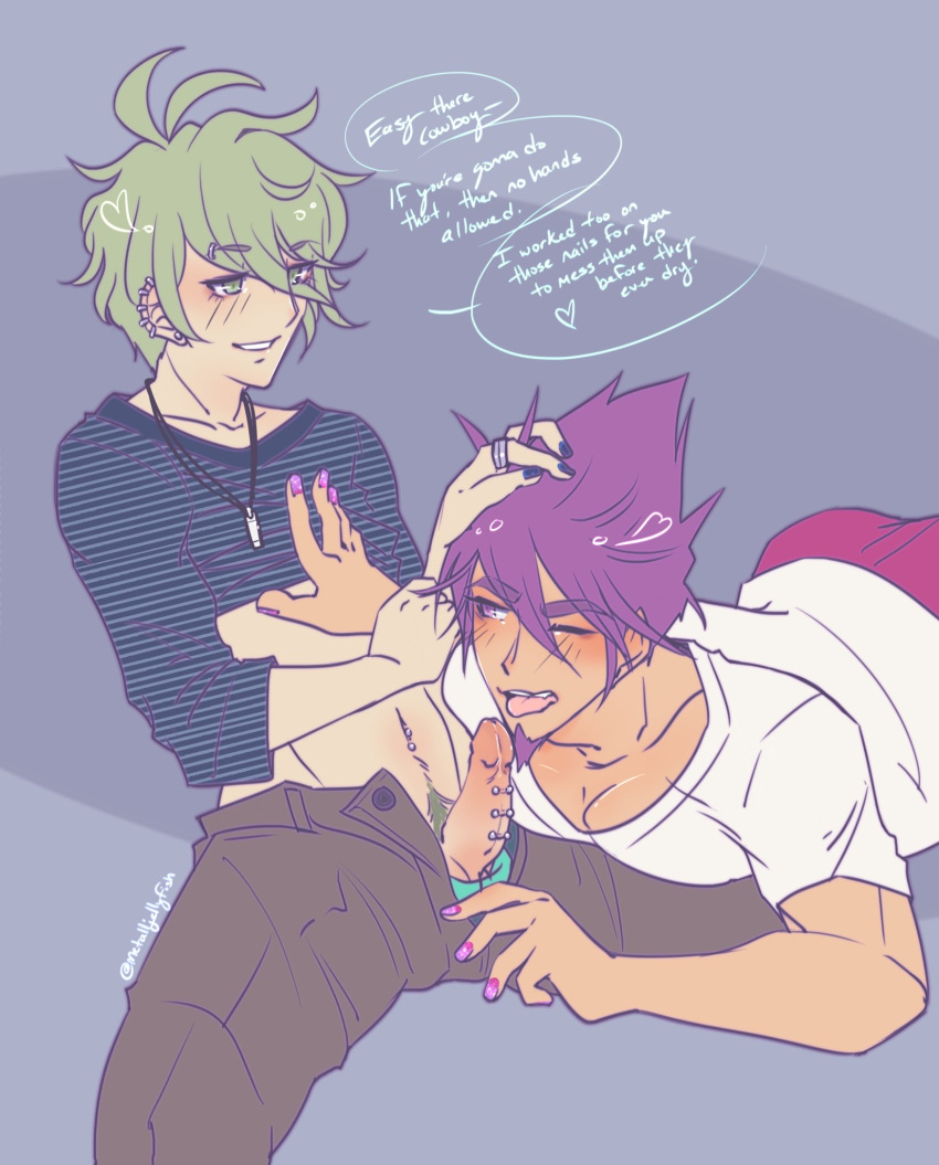 2boys blush danganronpa danganronpa_v3 ear_piercing earrings english_text erection eyebrow_piercing frenum_ladder gay goatee green_eyes green_hair hand_on_head imminent_fellatio imminent_oral jewelry light_skin looking_at_partner male male/male male_only metalljellyfish momota_kaito navel_piercing necklace one_eye_closed painted_nails penis penis_out penis_piercing piercing purple_eyes purple_hair rantaro_amami ring shirt_up smooth_skin tan_skin text tongue_out unbuttoned yaoi