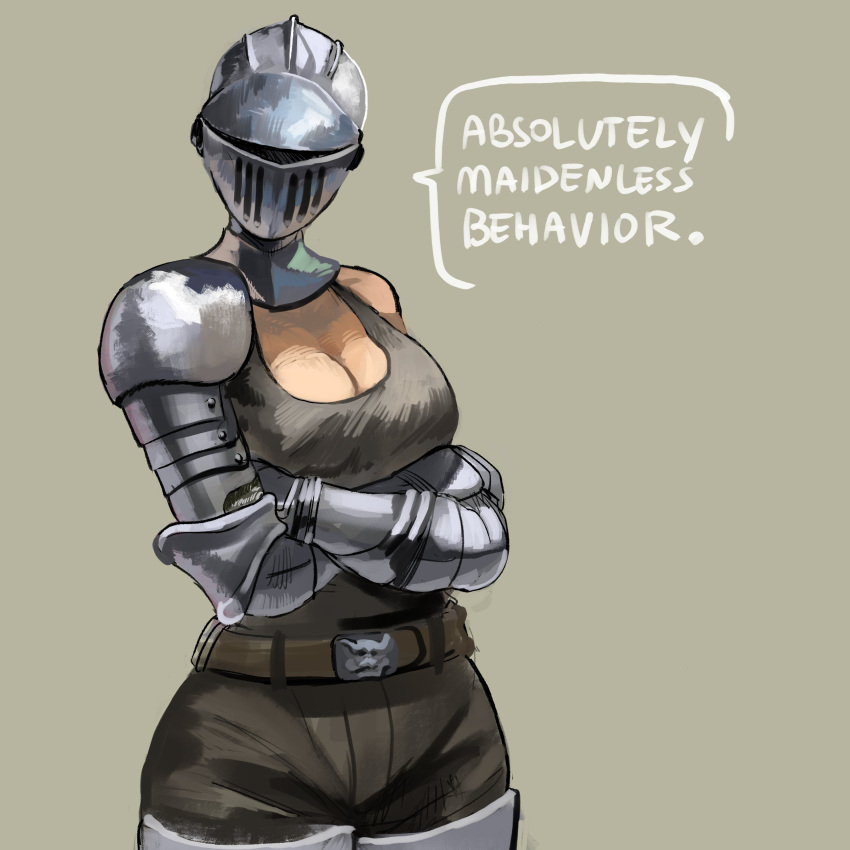 absolutely_maidenless_behaviour armor big_breasts cleavage crossed_arms elden_ring english_text female female_knight fromsoftware helmet insult insulting_viewer knight lunydoobles maidenless medieval_armour no_bitches?_(meme) solo speech_bubble tarnished