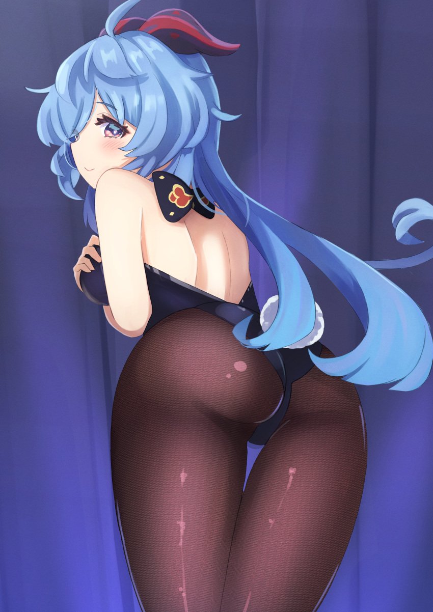 1girls absurdres ahoge animal_tail ass back backless_outfit bangs black_legwear black_leotard blue_hair blush bow bowtie breasts bunny_tail butt closed_mouth closed_smile color colored female female_only fishnet from_behind ganyu_(genshin_impact) genshin_impact hand_on_breast highres horns leaning leotard light-skinned light-skinned_female light_skin long_hair looking_at_viewer looking_back low_ponytail mihoyo mxsoundtube pantyhose pink_eyes purple_eyes rabbit_tail smile solo solo_female solo_focus standing tail