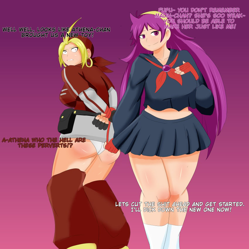 2girls athena_asamiya bandana blonde_hair comic english_text female hands_behind_back hands_tied imminent_rape king_of_fighters king_of_fighters_xiii large_breasts legwear malin miniskirt plump purple_eyes purple_hair restrained sailor_uniform school_uniform schoolgirl schoolgirl_uniform seifuku shoobiedoobie12 snk string sweat text thick_thighs tied tied_up voluptuous