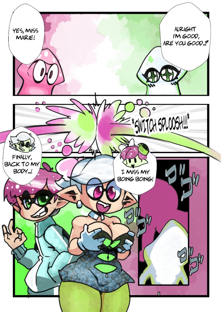 animal_humanoid anthro body_swap cephalopod cephalopod_humanoid color comic green_eyes groping groping_breasts groping_self humanoid idol inkling inkling_boy inkling_squid marie_(splatoon) mask_(marking) nintendo okay_sign onat onatart pink_eyes pink_hair pointy_ears pseudo_hair splatoon splatoon_(series) squid squid_sisters tentacle tentacle_hair tsf