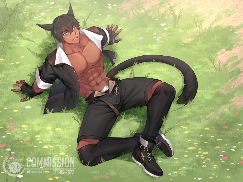 1boy abs absurdres animal_ears black_hair blue_eyes cat_ears cat_tail final_fantasy final_fantasy_xiv highres kurohitsuji_lim male_focus meadow miqo'te muscular nipples sitting smile spread_legs tail yellow_eyes