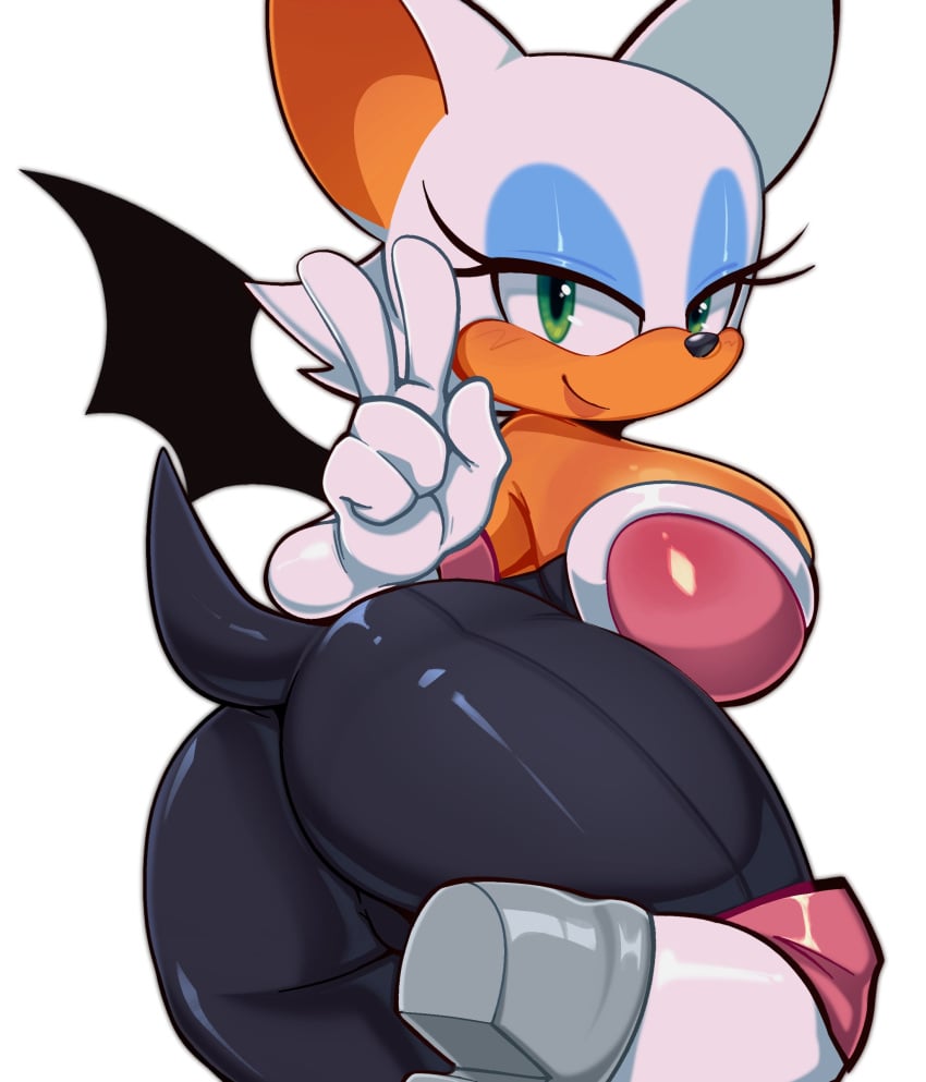 5_fingers bat big_breasts black_suit bubble_butt butt_crack_outline elbow_gloves gloves green_eyes huge_breasts ichig8miruku peace_sign rouge_the_bat sonic_(series) white_hair