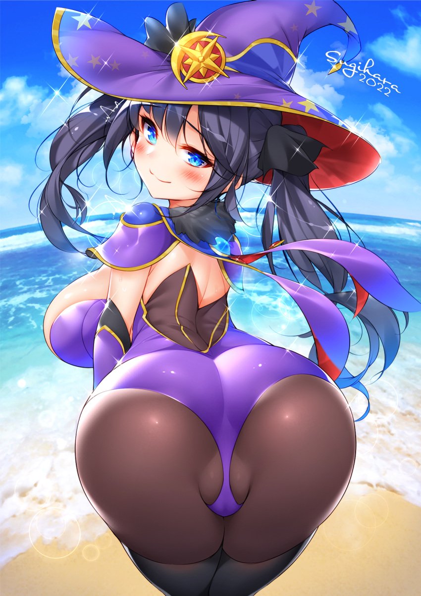 1girls 2022 alternate_breast_size artist_signature ass ass_focus ass_shot back back_view beach black_hair blue_eyes blush breasts bubble_butt female female_only genshin_impact hair_ornament hat highleg_leotard hips huge_ass huge_breasts large_hat leggings leotard long_hair looking_at_viewer mona_(genshin_impact) outdoors purple_leotard sideboob slim_waist smile sugihara_(sugihara2000) thick_thighs thighs tights twintails wide_hips witch_hat