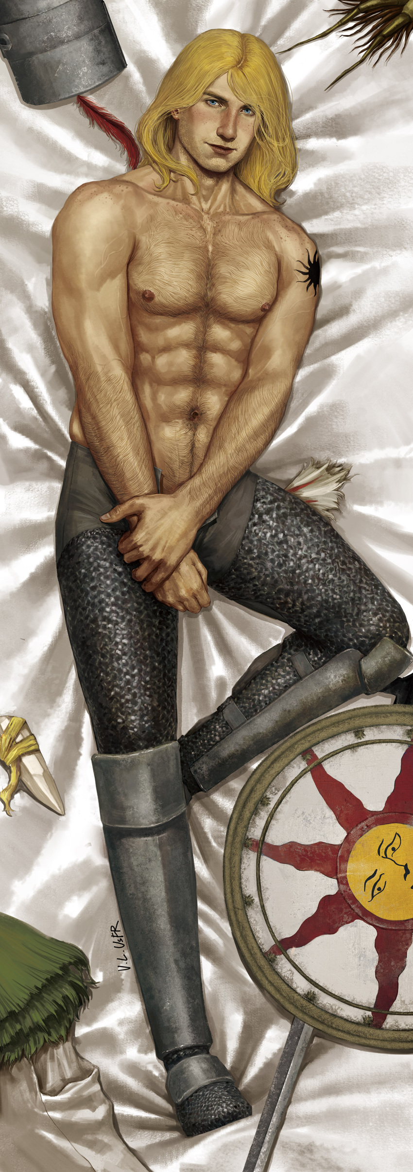 armor blonde_hair blush body_hair chainmail chest_hair dakimakura dark_souls facial_hair freckles fromsoftware full_body hair_down happy_trail helmet_removed knight looking_at_viewer male male_only muscular muscular_male on_back open_pants painting_(artwork) realistic smile solaire_of_astora solo stubble tattoo topless topless_male usfr veiny_muscles