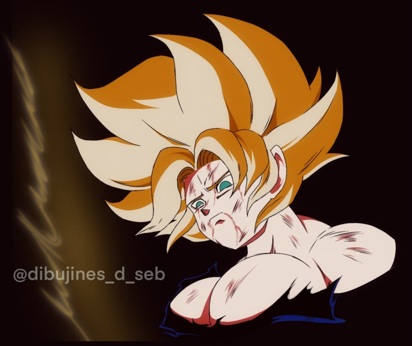 big_breasts blonde_female blonde_hair blood blood_from_mouth blue_eyes breasts bruise bruise_on_face bruised bruised_breast dibujines_d_seb dragon_ball dragon_ball_z female_goku genderswap_(mtf) goki goku huge_breasts large_breasts rule_63 scratches son_goku spiked_hair spiky_hair super_saiyan wound wounded wounds