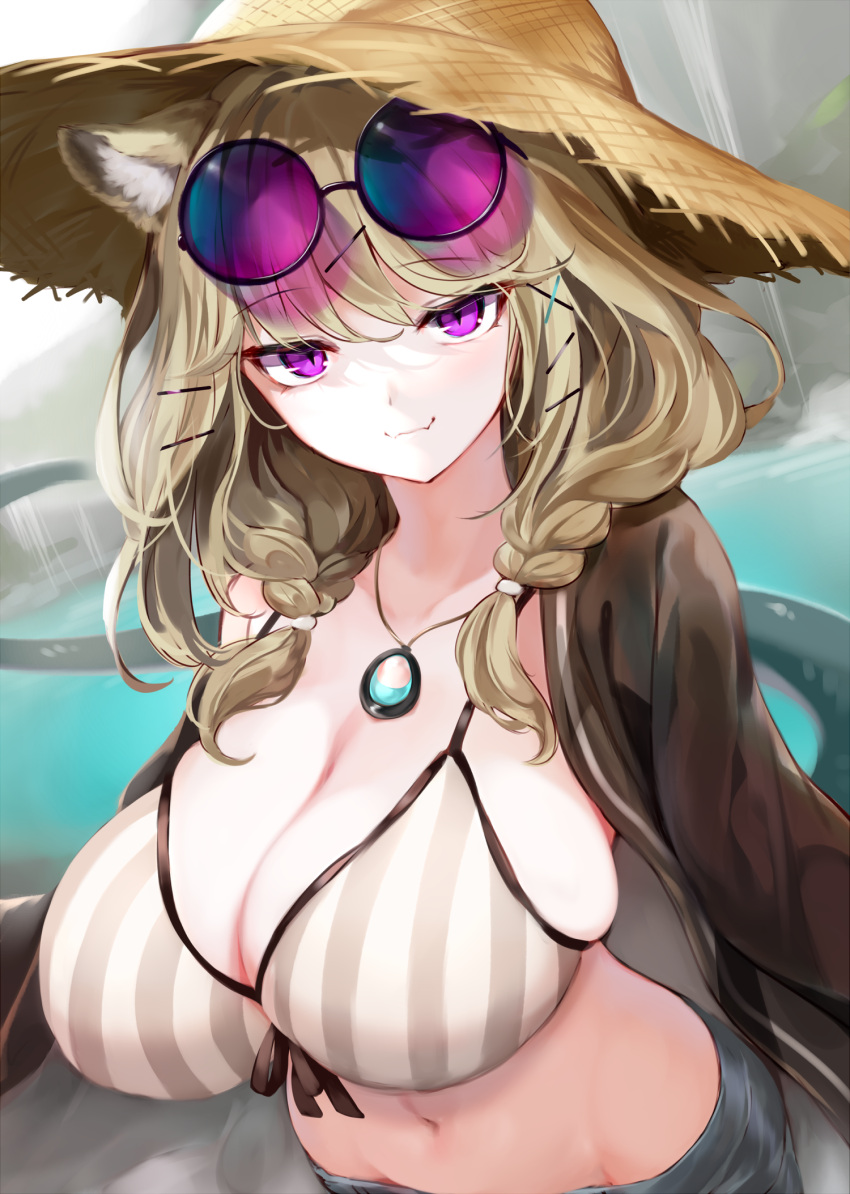 arknights artist_name big_breasts bikini_top breasts doctor_(arknights) jfjf looking_at_viewer pov purple_eyes tagme utage_(arknights) utage_(summer_flowers)_(arknights)