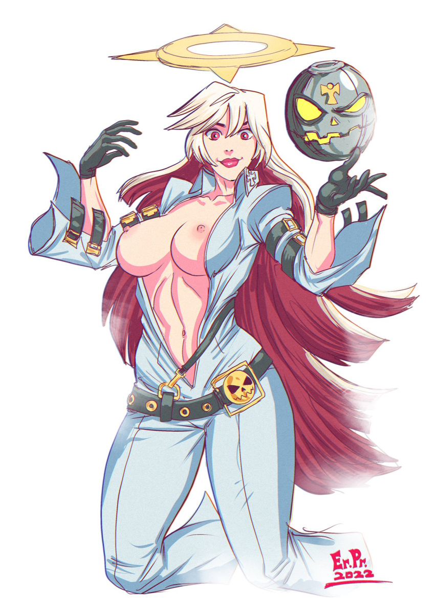 breasts erexpron guilty_gear guilty_gear_xrd halo jack-o'_valentine lipstick red_hair topless white_hair