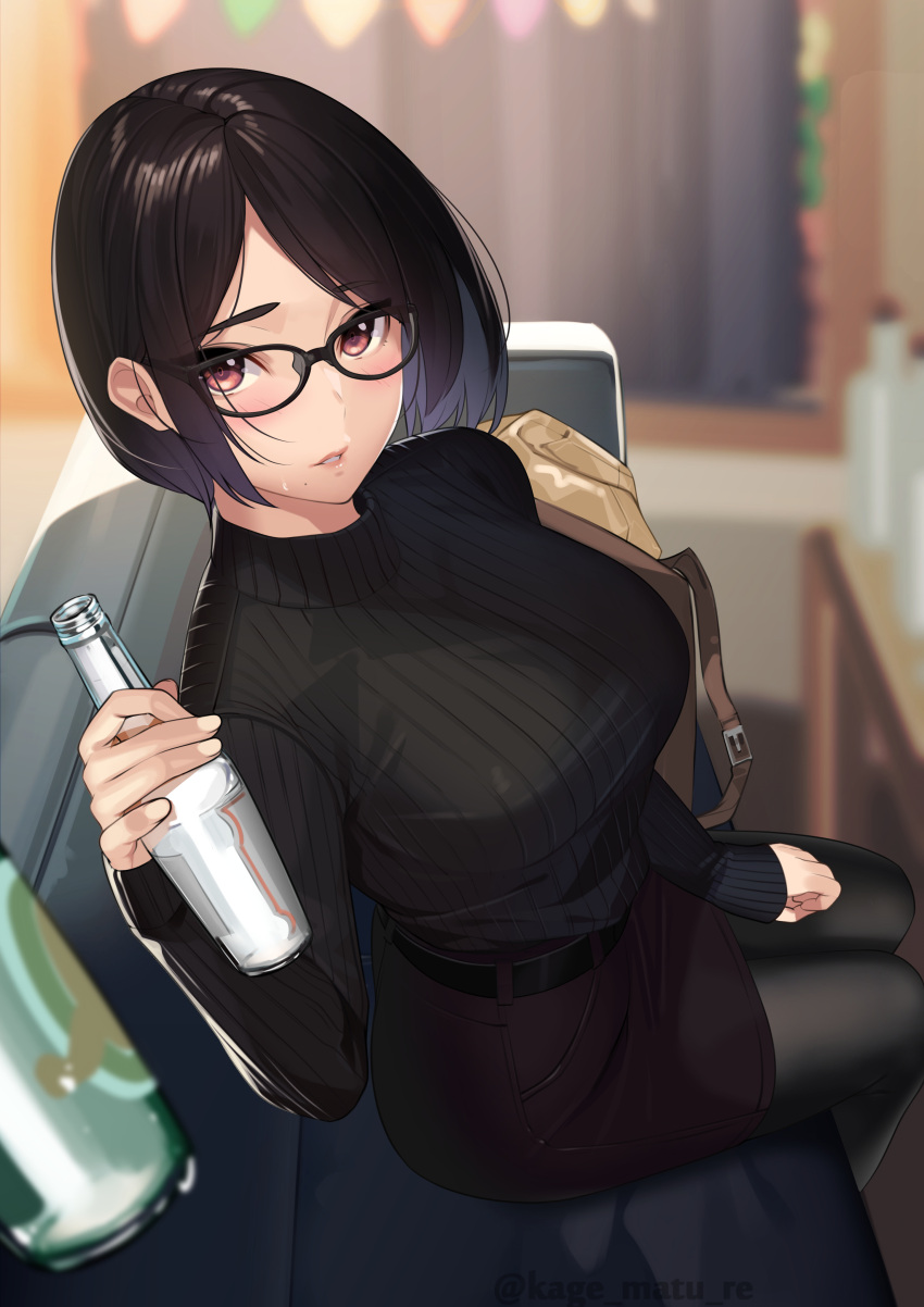 1girls absurdres alcohol bangs black_hair black_stockings black_sweater blush bob_cut breasts female female_focus glasses highres indoors kagematsuri long_sleeves looking_at_viewer original pencil_skirt red_eyes short_hair sitting skirt solo sweater turtleneck