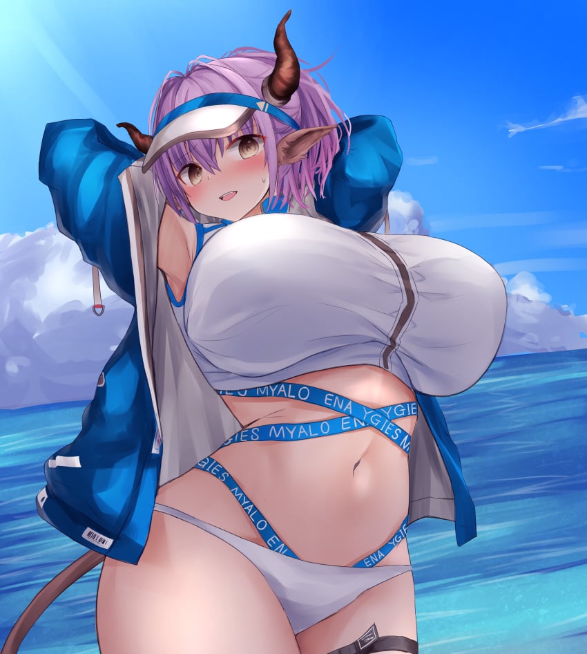 arknights big_breasts breasts horns midriff purple_hair sideroca_(arknights) sideroca_(light_breeze)_(arknights) tagme