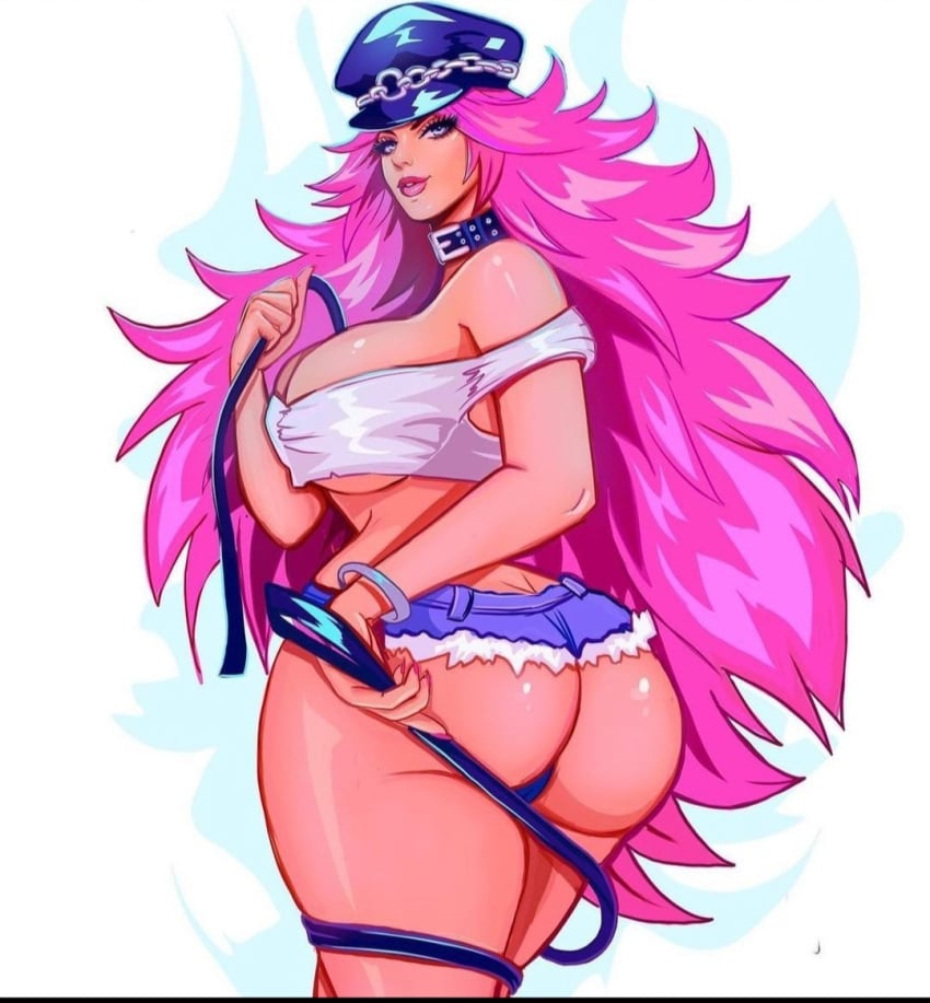 1girls booty_shorts bubble_butt choker crop_top female female_only final_fight hat looking_at_viewer pink_hair pink_lipstick pink_nails poison_(final_fight) solo theartofmathew thunder_thighs very_long_hair whip white_background