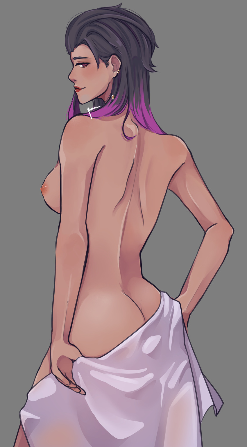 black_hair looking_at_viewer naked nipples purple_eyes purple_hair reyna_(valorant) riot_games smile suracao tagme towel valorant