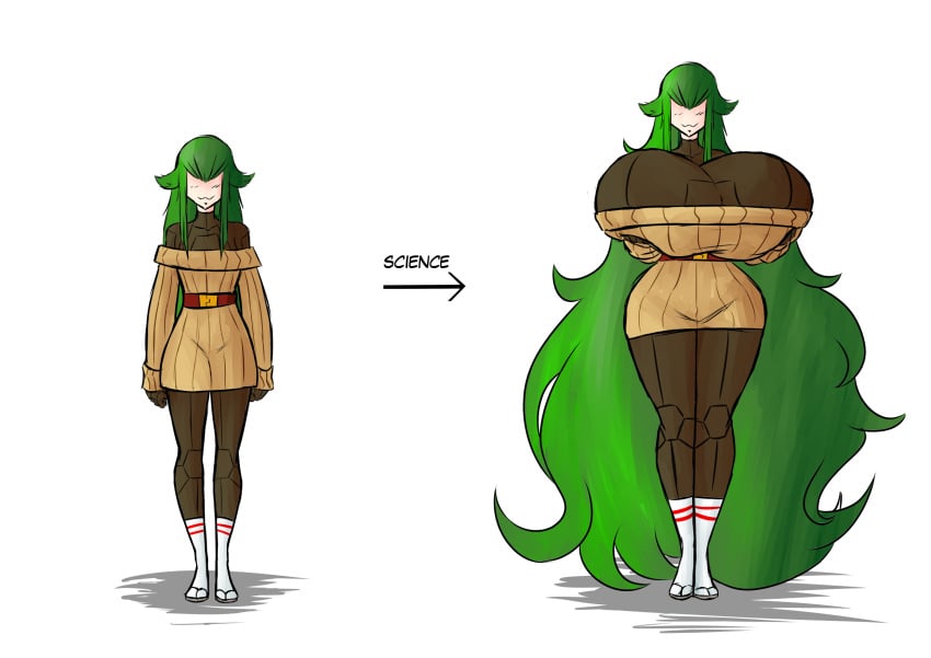 ass_expansion big_breasts breast_expansion green_hair growth hourglass_expansion hourglass_figure huge_breasts karen_(matsu-sensei) rust_and_bolts sweater thick_thighs