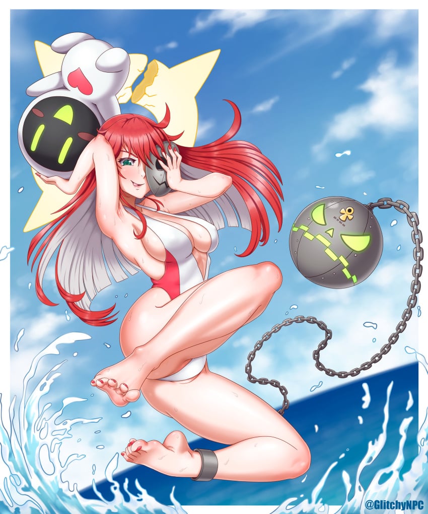 chains female glitchynpc green_eyes guilty_gear guilty_gear_strive jack-o'_valentine red_hair swimsuit white_hair