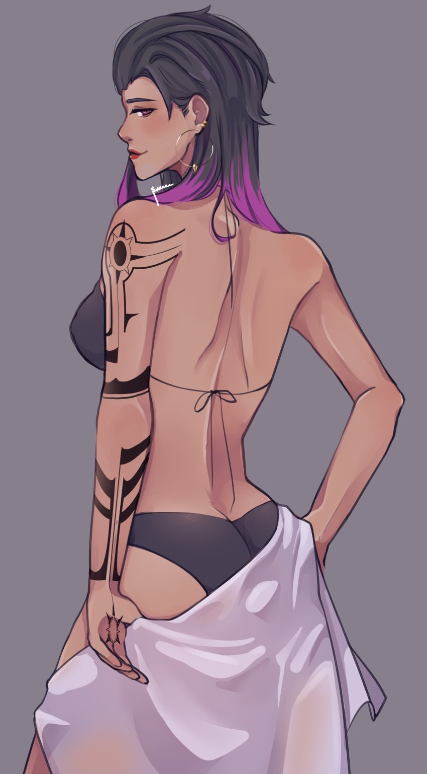 almost_naked bikini black_hair earrings looking_at_viewer purple_eyes purple_hair reyna_(valorant) riot_games smile suracao tagme tattoo towel valorant