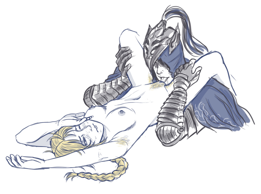 1boy 1girls armor armpit_hair artorias_the_abysswalker blonde_hair blonde_pubic_hair blush braid braided_hair clothed_male_nude_female cowl cunnilingus dark_souls female fromsoftware helmet hi_res knight leg_grab licking licking_pussy lord's_blade_ciaran male nude nude_female on_back one_eye_closed oral pubic_hair restricted_palette single_braid small_breasts spicy sweat thigh_grab thigh_hair white_background