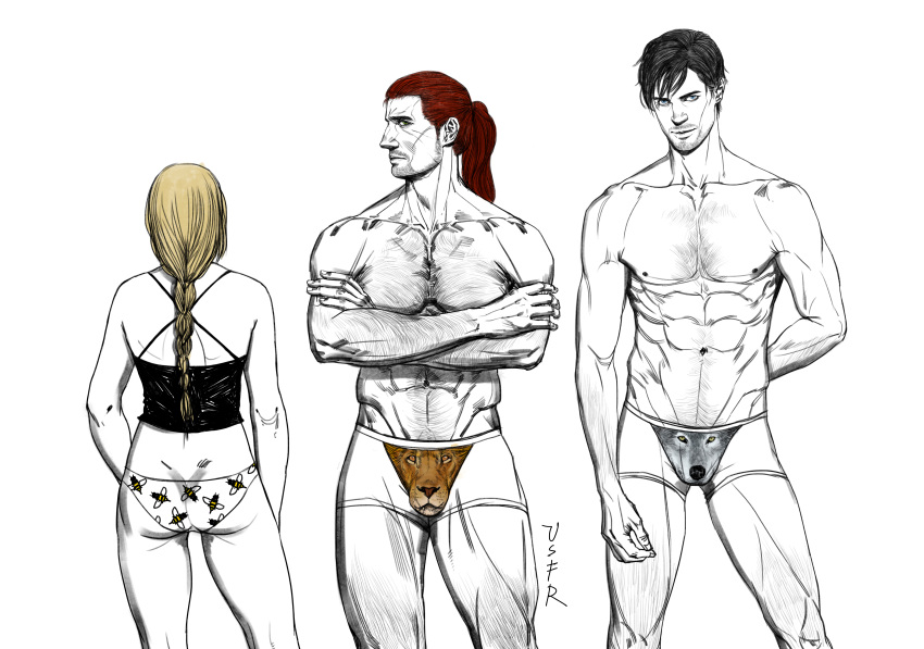 1girls 2boys artorias_the_abysswalker black_hair blonde_hair body_hair boxers braid braided_hair bulge chest_hair crossed_arms dark_souls dragon_slayer_ornstein faceless_female facial_hair female fromsoftware hairy helmet_removed looking_at_viewer lord's_blade_ciaran male muscular_male panties ponytail red_hair restricted_palette scars single_braid smile stubble topless topless_male underwear usfr