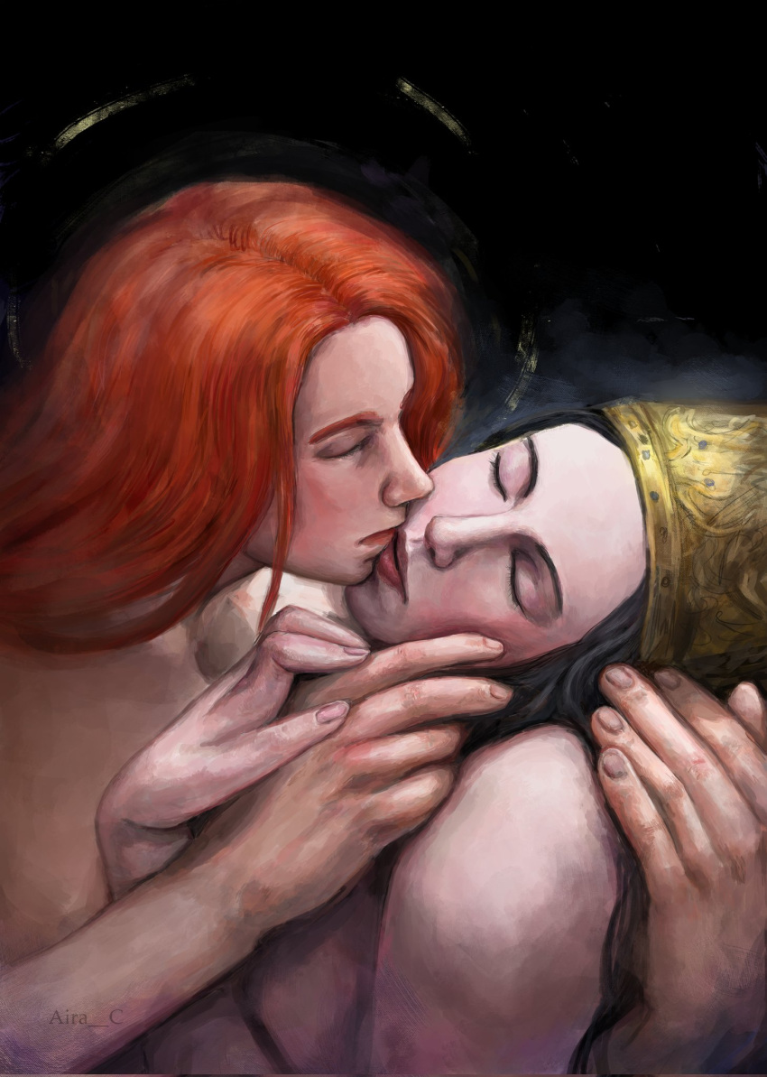 1boy 1girls 2022 aira_c breasts canon_couple elden_ring fine_art_parody fromsoftware husband_and_wife kissing light-skinned_female light-skinned_male nude painting_(artwork) public_domain radagon_of_the_golden_order red_hair rennala_queen_of_the_full_moon romantic romantic_couple the_kiss