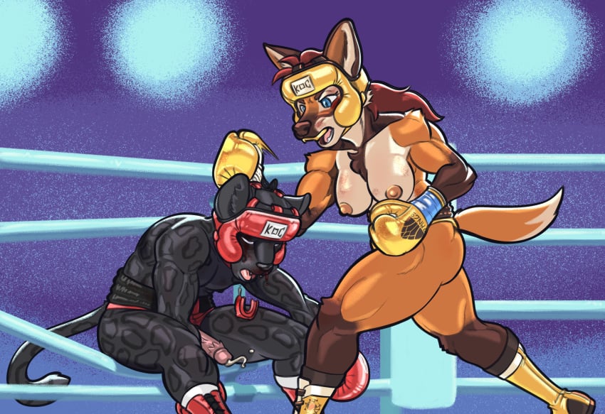 1boy 1girls 2022 ak_(aknight93) amira_winters anthro areola black_body black_fur blood blue_eyes bodily_fluids boots boxing boxing_gloves boxing_headgear boxing_ring breasts brown_body brown_fur bruised canid canine chest_tuft clothed clothing competition competitive_intercourse crotchless_bottomwear crotchless_clothing dcheese digital_media_(artwork) dipstick_tail duo felid feline female fighting_ring footwear fur genital_fluids genitals hair handwear headgear hi_res humanoid_genitalia humanoid_penis koc male mammal maned_wolf markings melanistic mixed_boxing mouthguard muscular muscular_female muscular_male nipples open_mouth orange_body orange_fur original pantherine penile_spines penis precum red_boxing_gloves red_boxing_headgear red_gloves red_hair sexfight sexual_competition sport spots spotted_markings tail_markings topless tuft yellow_boxing_gloves yellow_boxing_headgear yellow_gloves