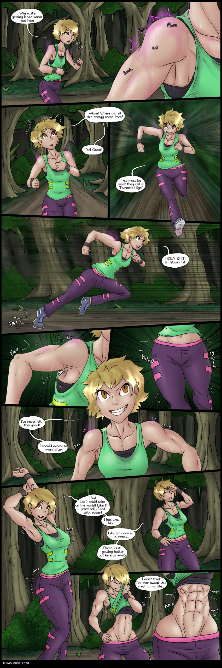 1girls abs breast_expansion comic comic_page growth midas-bust muscle_growth muscle_tone muscular_female short_hair tagme transformation