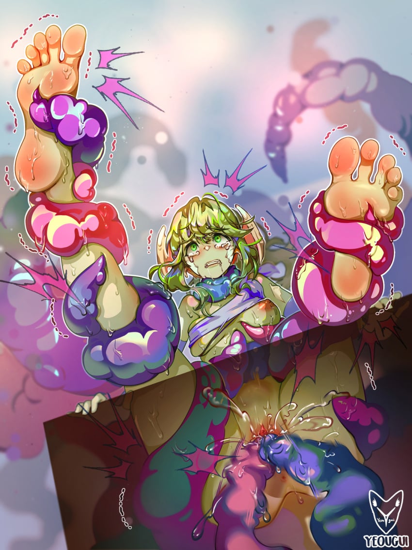 barefoot blush breasts clenched_teeth cum feet female foot_focus green_eyes green_hair legs_up monster nipples original_character pussy rape restrained soles spread_legs stomach_bulge tears tentacle tentacle_sex toe_scrunch toes torn_clothes trembling uncensored vaginal_penetration yeougui