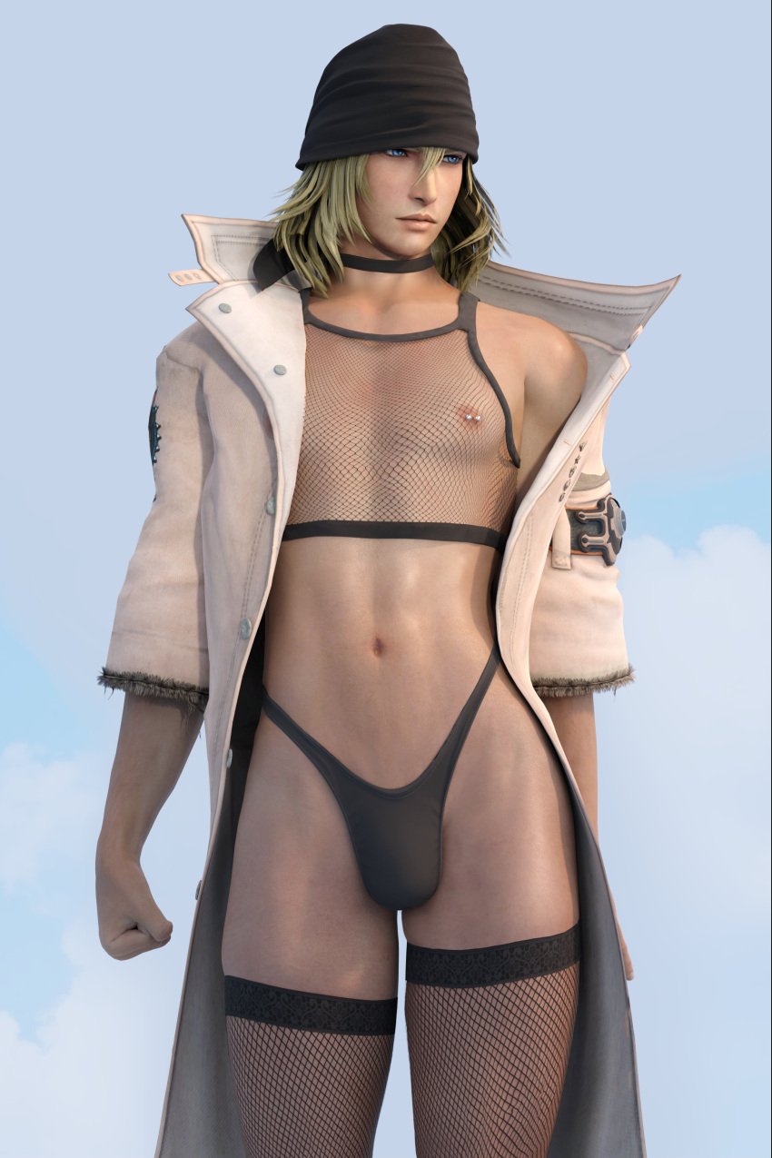 1boy 3d abs ambush_(trap) blonde_hair blue_eyes bulge choker coat crossdressing emberstock femboy final_fantasy final_fantasy_xiii fishnet_shirt fishnet_stockings fishnets fit girly highleg highleg_panties long_hair male male_only navel nipple_piercing panties pierced_nipples piercing shiny_skin snow_villiers solo thong twink uncensored yaoi