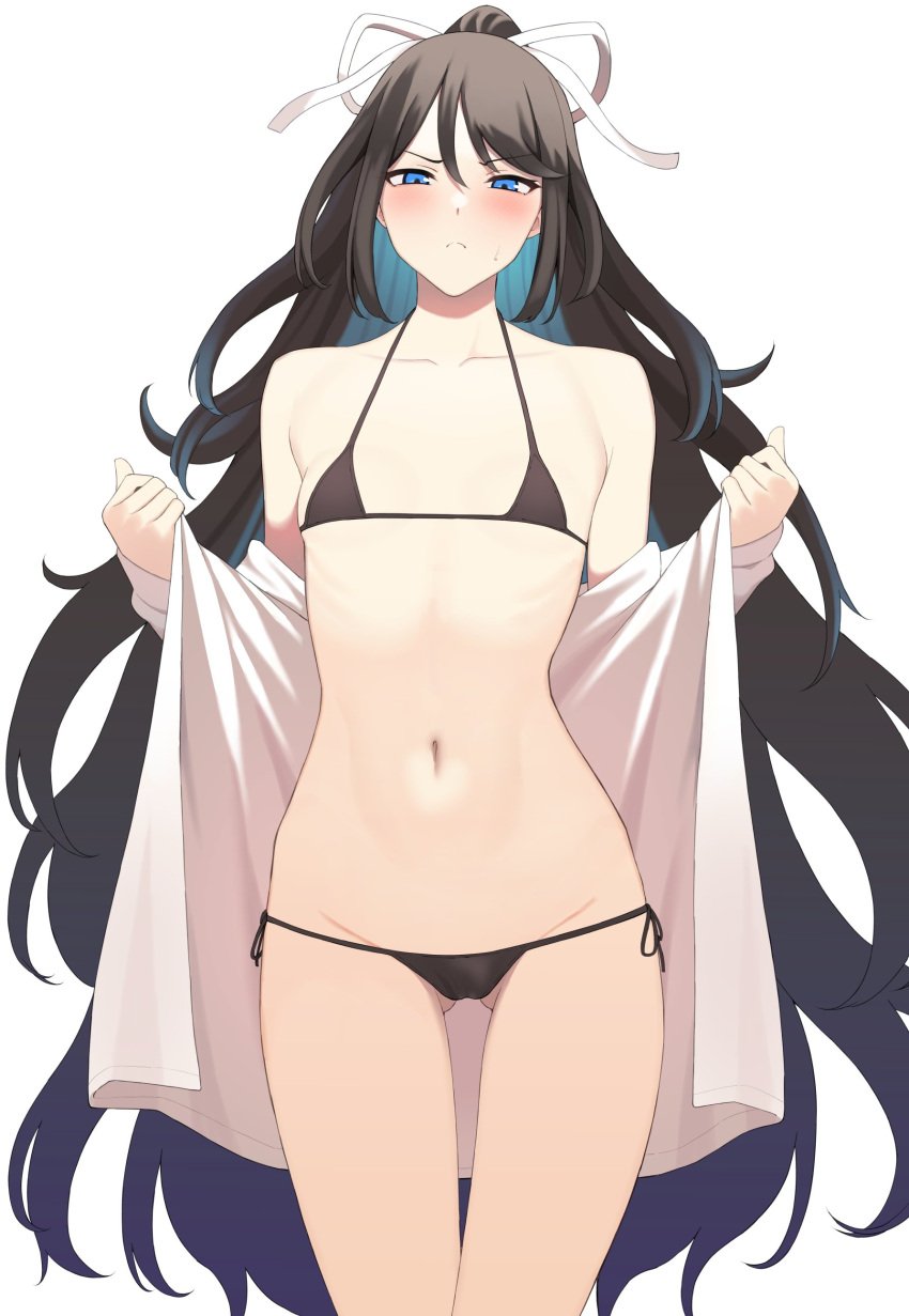 absurdres ass_visible_through_thighs bikini black_bikini black_hair blue_eyes blush closed_mouth collarbone cowboy_shot eyebrows_visible_through_hair female flat_chest groin hair_ribbon highres kantai_collection katsuragi_(kantai_collection) long_hair navel ponytail ribbon simple_background solo swimsuit takaman_(gaffe) white_background white_ribbon