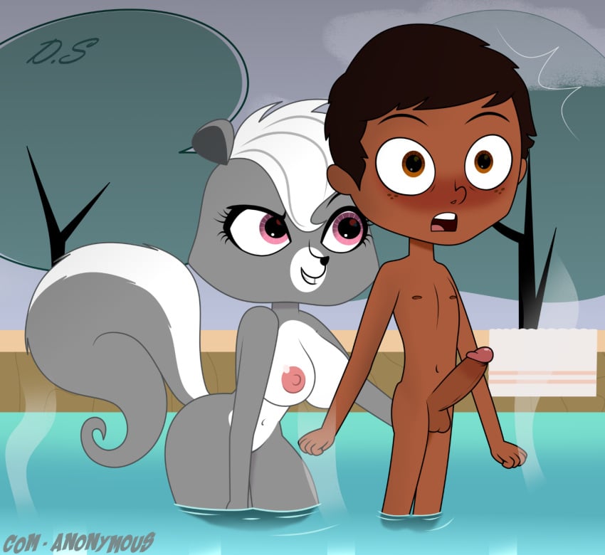 anthro balls blush breasts brown_eyes brown_hair dark-skinned_male dark_body dark_skin delta_shadow female freckles fur genitals grey_body grey_fur grope hair hasbro hi_res hot_spring human human_on_anthro interspecies jasper_jones littlest_pet_shop male mammal mephitid nipples nude penis pepper_clark pink_eyes skunk teenager water white_body white_fur white_hair young