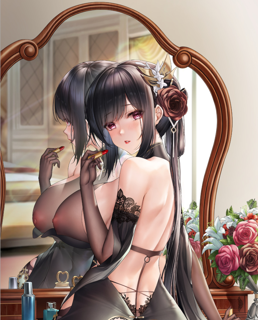 1girls azur_lane black_dress black_hair breasts chen_hai_(azur_lane) dress female hair_ornament highres huge_breasts long_hair looking_at_viewer mirror nipples no_bra red_eyes see-through yuli_you_gua