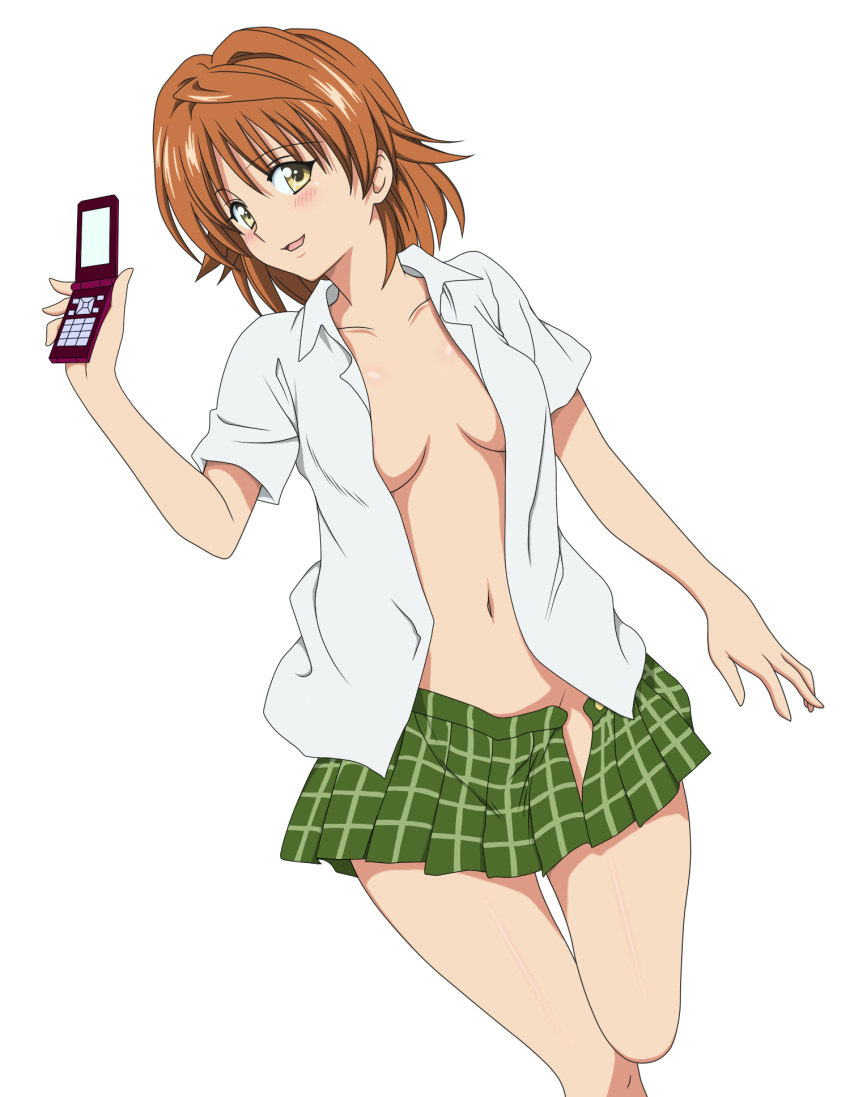 00s 1girls amber_eyes blush breasts brown_eyes brown_hair cellphone collarbone colorized eyebrows eyebrows_visible_through_hair female female_only genderswap_(mtf) highres light-skinned_female light_skin looking_at_viewer medium_breasts navel no_bra no_panties open_clothes open_shirt orange_hair partially_nude phone rule_63 school_uniform schoolgirl_uniform shirt simple_background skirt smile smiling smiling_at_viewer solo third-party_edit to_love-ru white_background yuuki_rito yuusaki_riko