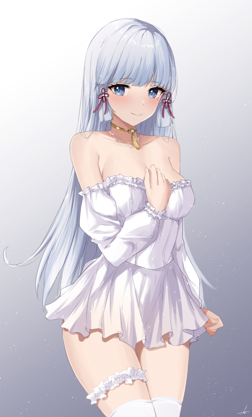 bangs big_breasts blue_eyes blush blushing breasts choker collar dress feintheart721 genshin_impact jewelry kamisato_ayaka large_breasts long_hair necklace noblewoman precious revealing_clothes samurai silver_hair smile smiling thick thick_thighs thighs white_hair