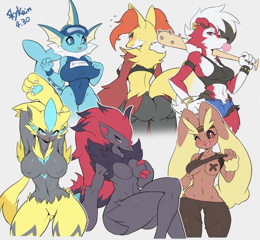 6girls anthro anthrofied armpits ass big_ass big_breasts blush breasts clothed clothing delphox eeveelution featureless_crotch female female_only fur furry group looking_at_viewer lopunny lycanroc multiple_girls nintendo pokémon_(species) pokemon pokemon_(species) skykain tail vaporeon zeraora zoroark