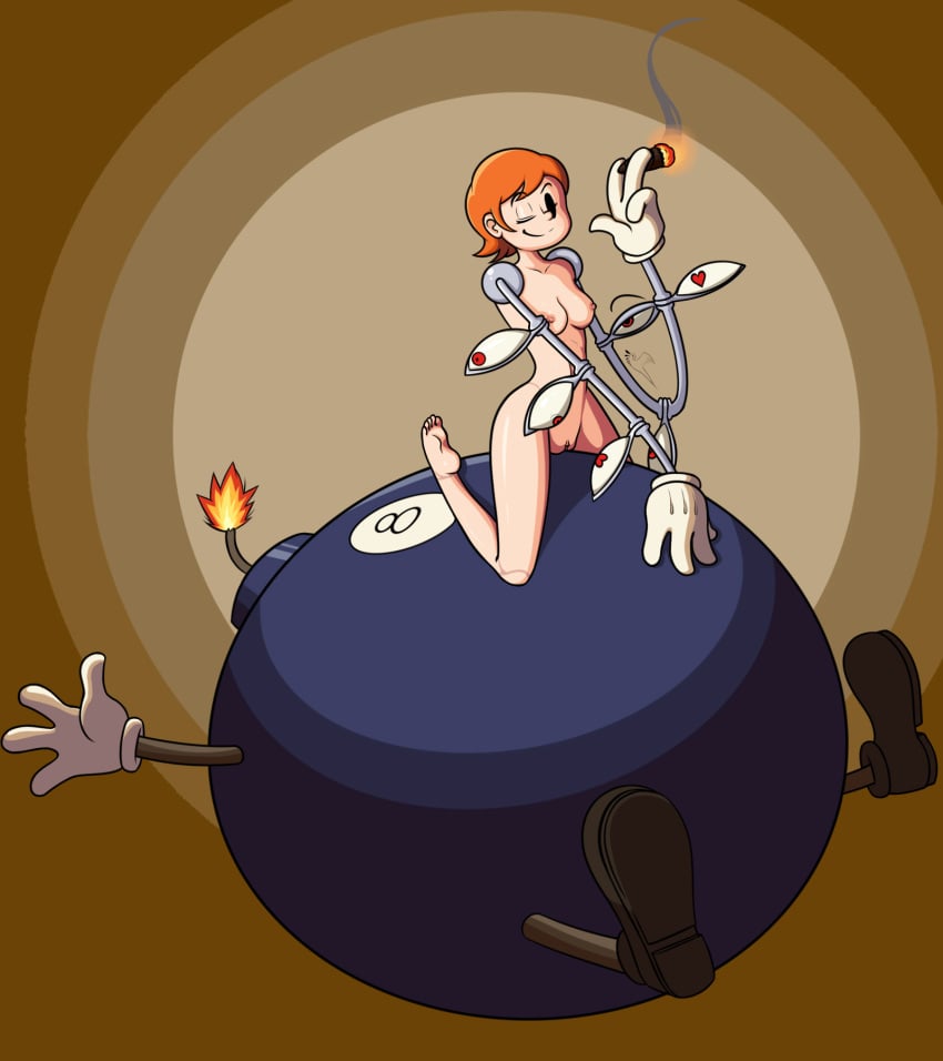 barefoot bomb breasts cigarette feet fenix31_(artist) gloves lonesome_lenny mob_face nipples nude orange_hair peacock_(skullgirls) pussy reverse_cowgirl_position robotic_arm short_hair simple_background skullgirls wink