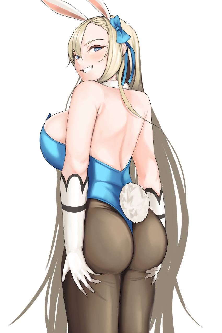 1girls 2022 absurd_res ass ass_focus ass_grab asuna_(blue_archive) asuna_(bunny)_(blue_archive) backboob blonde_hair blue_archive blue_eyes blue_leotard breasts bunny_ears bunny_girl bunny_tail bunnysuit female female_only grabbing_own_ass hair_over_one_eye highleg_leotard huge_ass huge_breasts kkun88 leotard long_hair looking_at_viewer looking_over_shoulder sideboob simple_background smile stockings