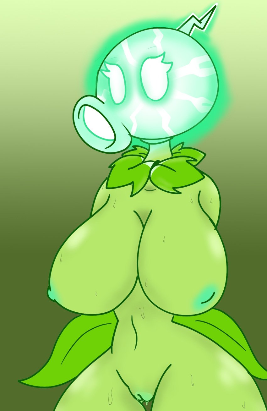 breasts chara_wantrp cyan_nipples electric electric_peashooter_(pvz) electricity eyelashes green_glow leaf leafs nipples peashooter_(pvz) plant plantie plants_vs_zombies plants_vs_zombies_2:_it's_about_time pussy pussy_juice pussy_juice_drip pvz rule_63 sweat sweating