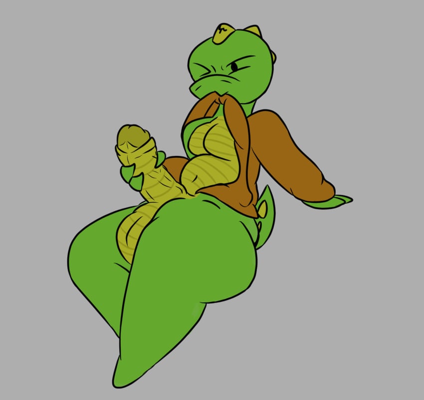 belly_lentel bellyboi13 big_penis bite genitals hi_res kobold leaning lizard male masturbation one_eye_closed penis reptile scalie slightly_chubby solo thick_thighs