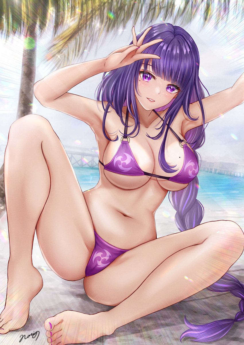 1girls absurdres alternate_costume areola_slip areolae armpits artist_signature bangs bare_legs barefoot beach beauty_mark big_breasts bikini blunt_bangs blush braid braided_hair breasts cameltoe color colored feet female female_only genshin_impact hand_up highres light-skinned light-skinned_female light_skin long_hair m_legs mihoyo mole mole_on_breast mole_on_thigh mole_under_eye nail_polish navel nori_chazuke ocean outdoors outside painted_toenails public purple_bikini purple_eyes purple_hair raiden_shogun signature sitting solo spread_legs swimsuit swimwear toenail_polish toenails toes tree underboob