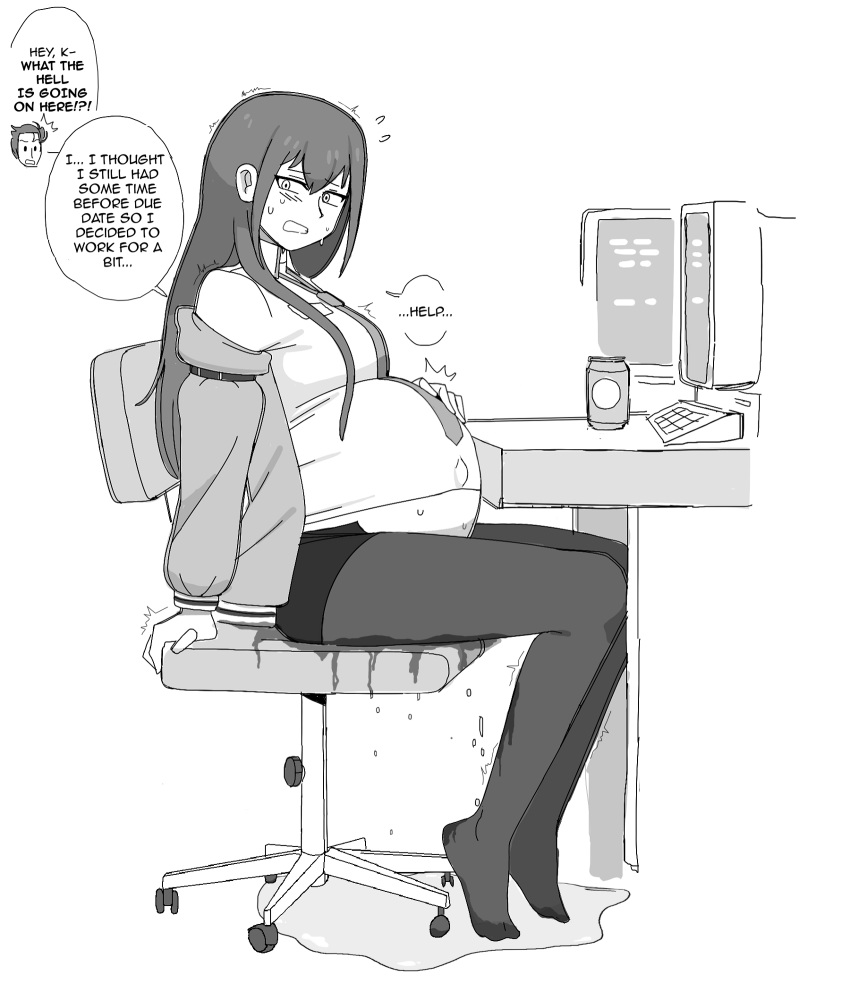 labcoat labor lewdlemage makise_kurisu monitor monochrome office_chair pregnant scared sketch steins;gate sweat third-party_edit trembling water_breaking water_broke