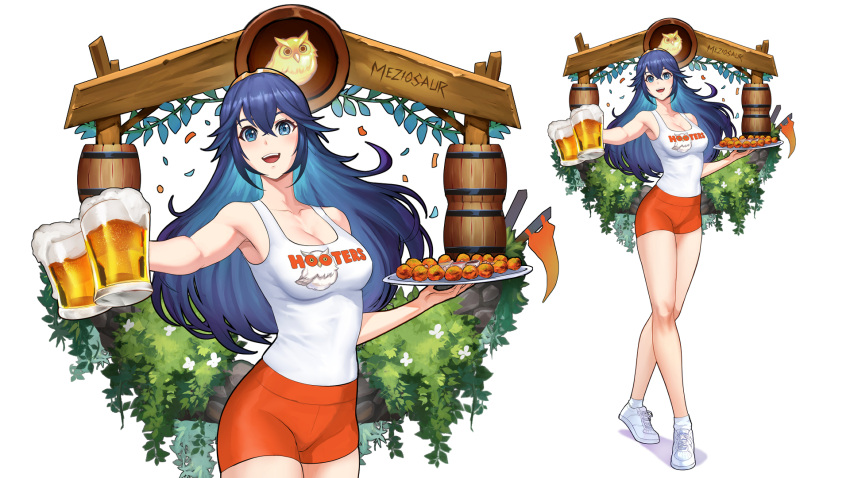 1girls alcohol alternate_costume artist_name bangs bare_shoulders beer beer_mug blue_eyes blue_hair breasts cleavage collarbone commentary copyright_name cup employee_uniform feh_(fire_emblem_heroes) female female_only fire_emblem fire_emblem_awakening fire_emblem_heroes food full_body highres holding holding_tray hooters jewelry long_hair looking_at_viewer lucina_(fire_emblem) meziosaur mug nintendo no_legwear open_mouth orange_shorts shiny shiny_hair shoes shorts signature simple_background sleeveless smile sneakers socks tiara tray uniform waitress white_legwear