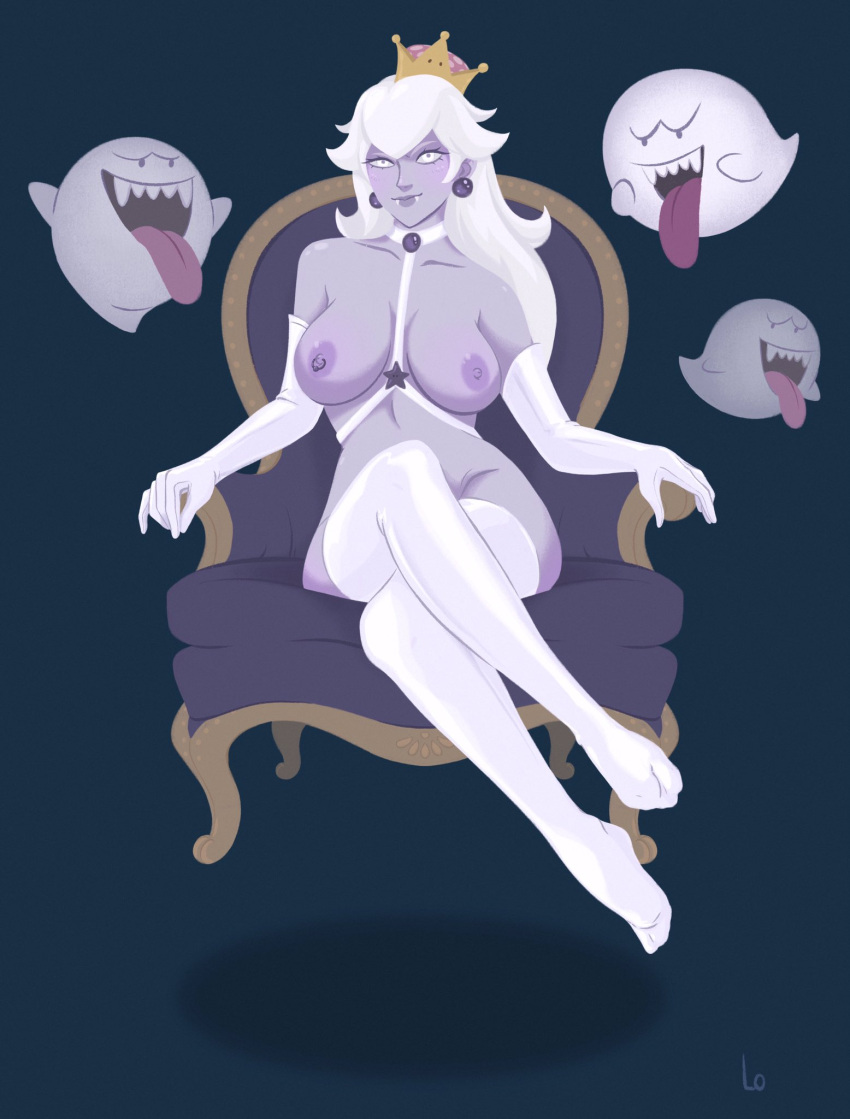 boo_(mario) boosette breasts crown fangs female_only ghost gloves lingerie long_hair lophilia_spicy luigi's_mansion mario_(series) new_super_mario_bros._u_deluxe nipples stockings thighhighs throne white_hair