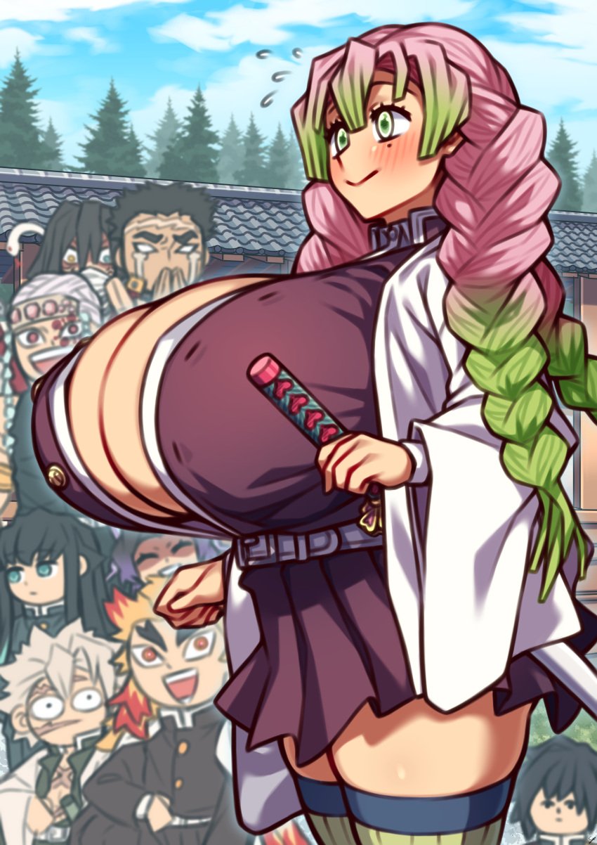 2girls 7boys alternate_breast_size being_watched big_breasts blush breasts coffeelove68 demon_slayer duplicate female green_eyes high_resolution himejima_gyomei huge_breasts iguro_obanai kanroji_mitsuri kimetsu_no_yaiba kochou_shinobu legwear long_hair massive_breasts muichiro_tokitou multiple_boys multiple_girls pink_and_green_hair rengoku_kyoujurou sanemi_shinazugawa standing thick_thighs thighhighs thighs tomioka_giyuu twin_braids two_tone_hair uzui_tengen voluptuous