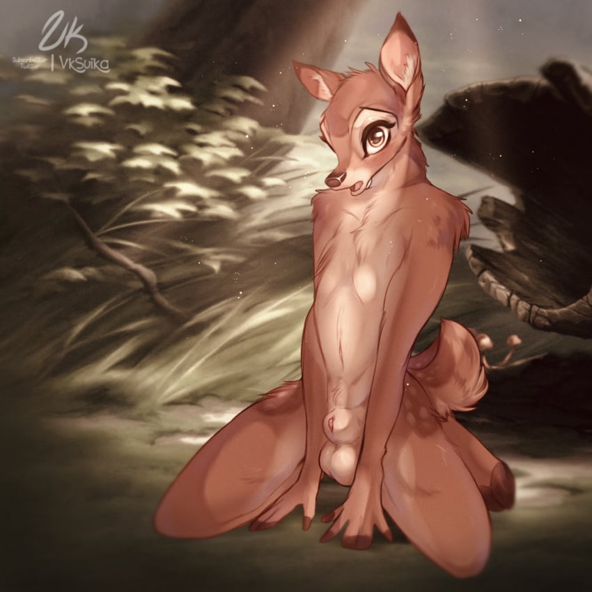 2022 animal_genitalia anthro anthrofied balls bambi bambi_(character) bambi_(film) cervid cub detailed_background disney genitals hi_res male_only mammal penis sheath solo vksuika